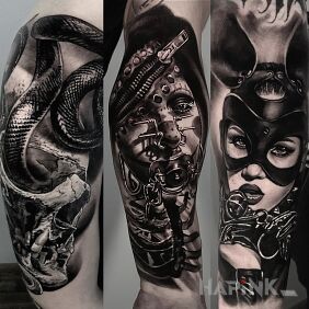 Tattoo Snakes. Skulls. Woman, Bunny. Steampunk On the arm motif: 3D style: realistic