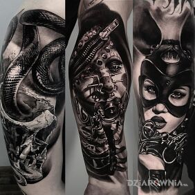 Tatuaż Węże. Czaszki. Kobieta, Króliczek. Steampunk na przedramieniu motyw: czaszki styl: realistyczne