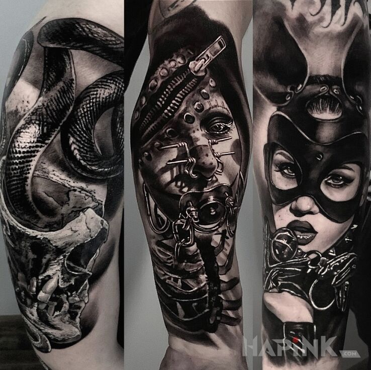 Tattoo Węże. Czaszki. Kobieta, Króliczek. Steampunk in faces motif and realistic style On the arm