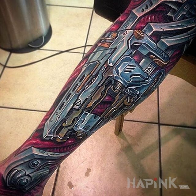 Tattoo Maszyna in 3D motif and biomechanics style on the calf