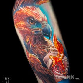 Tattoo Healed phoenix on the upper arm motif: 3D style: realistic