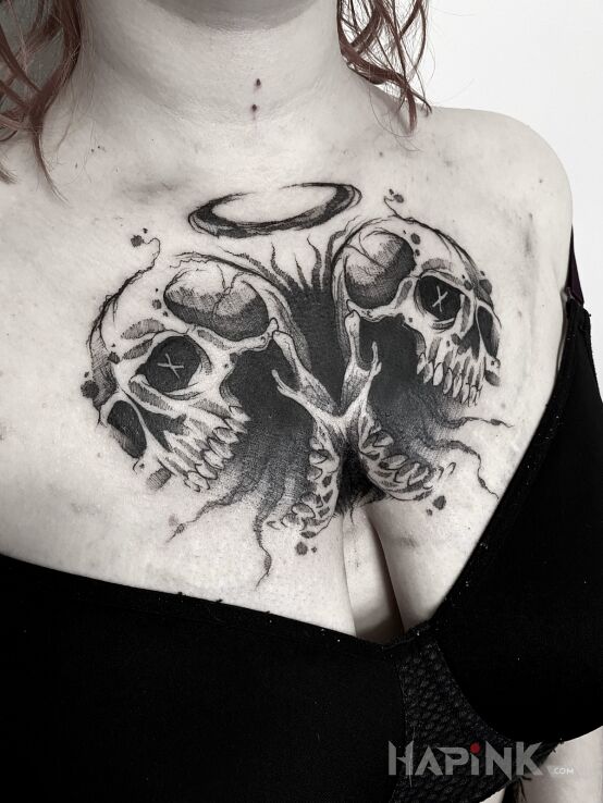 Tattoo Czaszki. in dark motif and sketch style on the chest