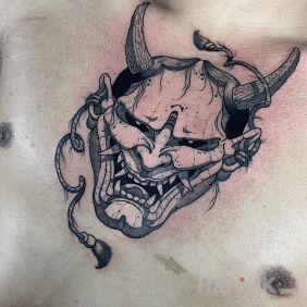 Tattoo 🔥Hannya Mask  🔥 on the chest motif: black and gray style: japanese / irezumi