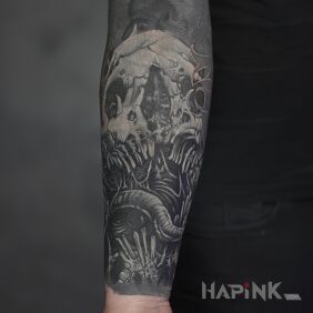 Tattoo Dark skull / white on black On the arm motif: demons style: blackwork / blackout