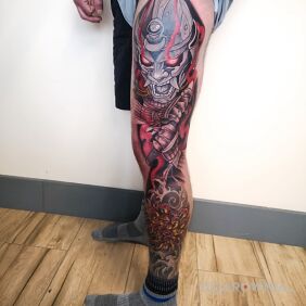 Tatuaż Samuraj prawie skończony;) na nodze motyw: postacie styl: japońskie / irezumi