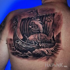 Tattoo Viking ship on the back motif: 3D style: realistic