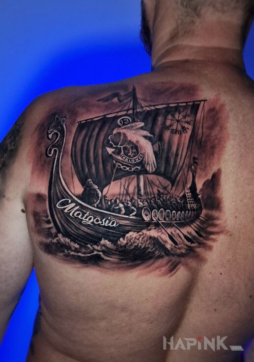 Tattoo Statek wikingów in other motif and realistic style on the shoulder blades