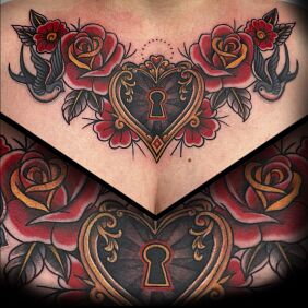 Tattoo Roses and swallows on the chest motif: colorful style: oldschool