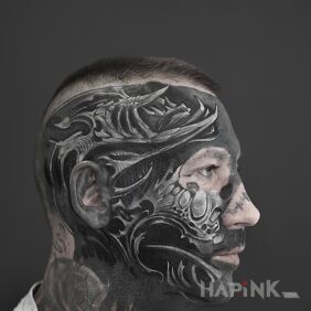 Tattoo Biomechanics, surrealism on the face / white on black on the head motif: other style: blackwork / blackout