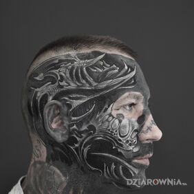 Tatuaż Biomechanika, surrealizm na twarzy  / white on black na szyi motyw: mroczne styl: biały tusz