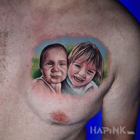 Tattoo Portraits of daughters on the chest motif: colorful style: realistic