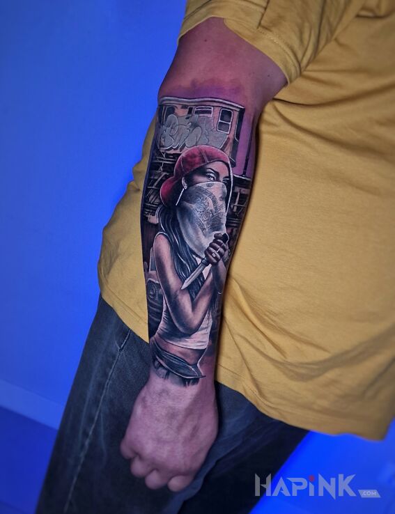 Tattoo Babeczka i samochód in characters motif and realistic style On the arm