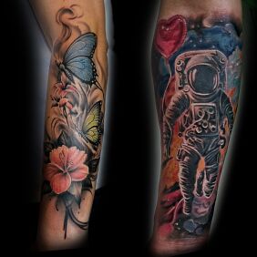 Tattoo Cosmic colors On the arm motif: butterflies style: realistic