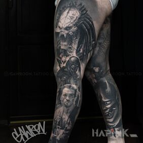 Tattoo Predator Alien 2 on the thigh motif: 3D style: realistic