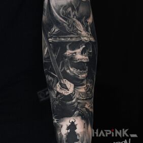 Tattoo Japan Warrior on the forearm motif: black and gray style: realistic