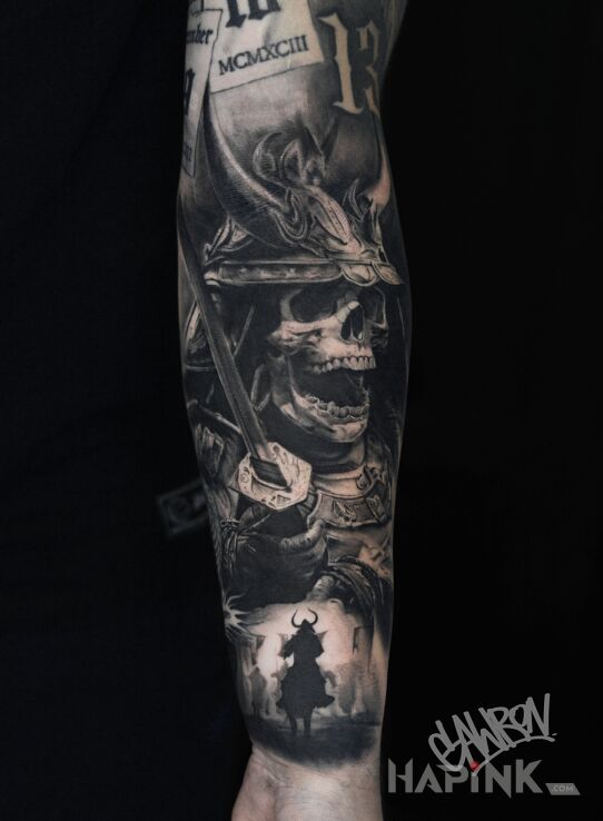 Tattoo Japan Warrior in war motif and realistic style On the arm