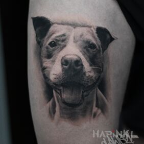 Tattoo Puppy portrait on the thigh motif: black and gray style: realistic