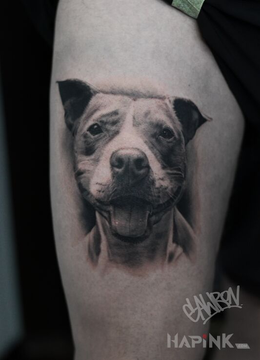Tattoo Portret pieska in animals motif and realistic style on the leg