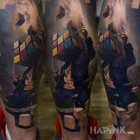 Tattoo Rubik's cube on the calf motif: characters