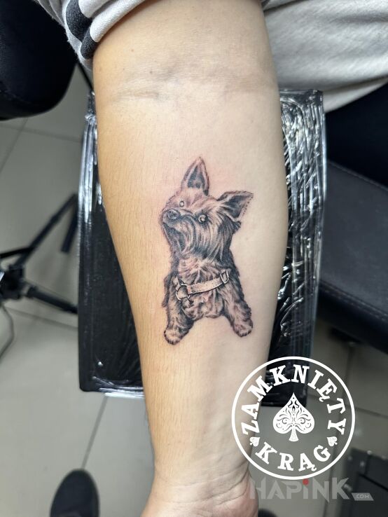 Tattoo Pupil klienta in black and gray motif and realistic style On the arm