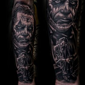 Tattoo Joker on the forearm motif: faces style: realistic