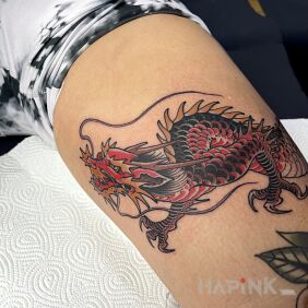 Tattoo 🐉💥Dragon🐉💥 on the leg motif: colorful style: japanese / irezumi