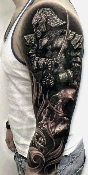 Tattoo Samuraj in sleeves motif and realistic style on the forearm