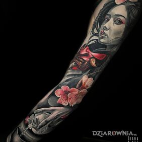 Tatuaż Japoński rękaw geisha hannya na ramieniu motyw: kolorowe styl: japońskie / irezumi