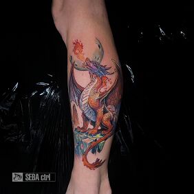 Tattoo Dragon on the leg motif: colorful style: neo-traditional