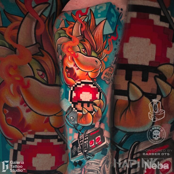 Tattoo Bowser Mario Bros Tattoo in funny motif and cartoon / comic book style On the arm