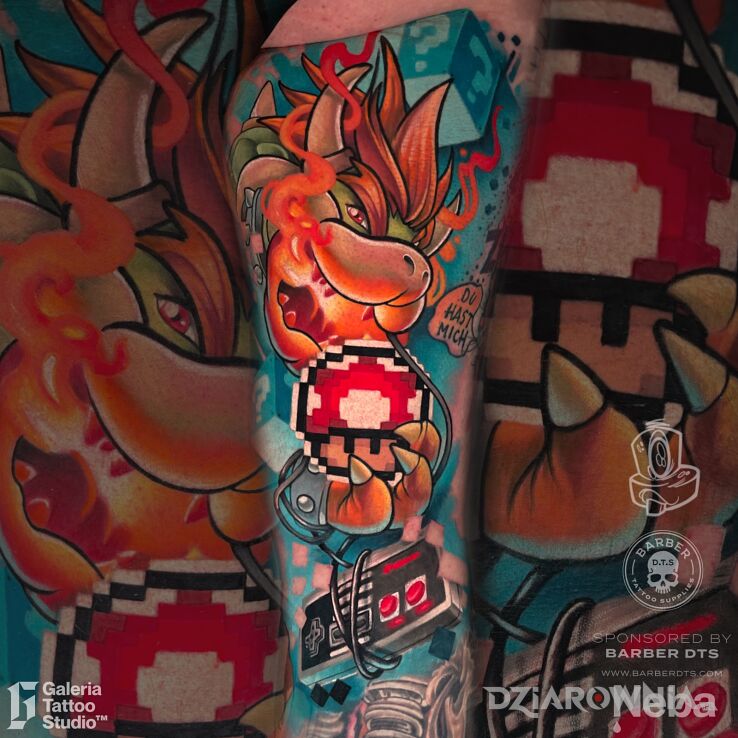 Tatuaż bowser mario bros tattoo w motywie zwierzęta i stylu graffiti na ręce