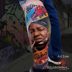 Tatuaż Kolorowy portret rapera „The Jacka” na nodze motyw: twarze styl: graffiti