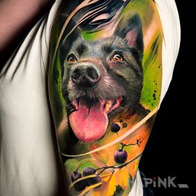 Tattoo Dog On the arm motif: colorful style: realistic