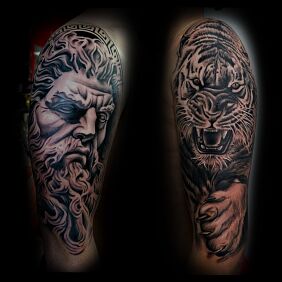 Tattoo Tiger On the arm motif: black and gray style: realistic