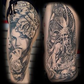 Tatuaż Realistyka na udzie motyw: twarze styl: realistyczne