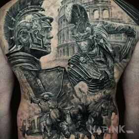 Tattoo Romans on the back motif: characters style: realistic