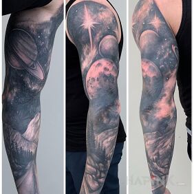 Tattoo Cosmo on the forearm motif: sleeves style: realistic