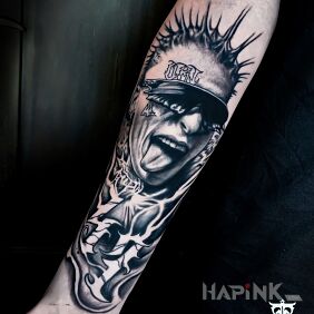 Tattoo Black and gray tattoo full of details and unique character On the arm motif: black and gray style: realistic