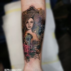 Tattoo Surrealist Lady on the forearm motif: faces style: surrealistic