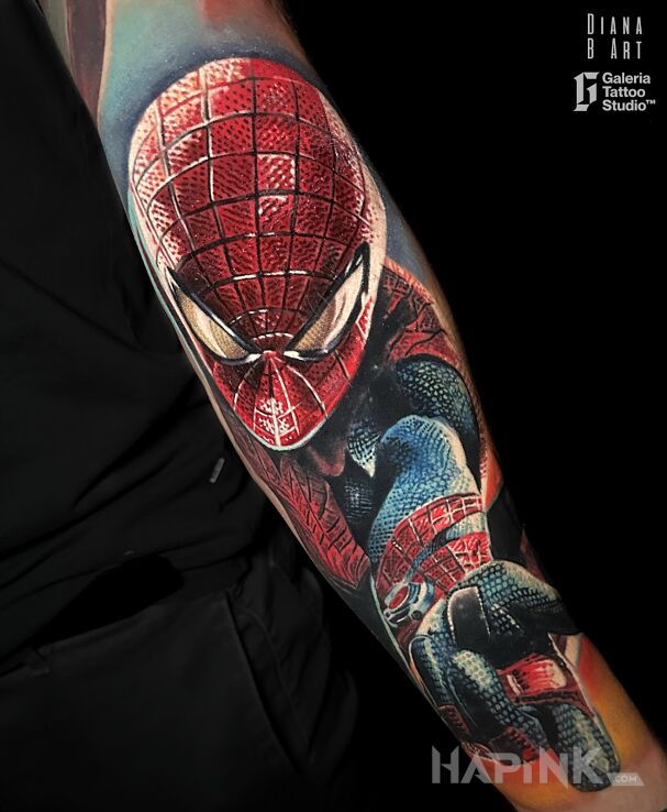 Tattoo Spiderman Marvel Tattoo Sleeve in colorful motif and realistic style On the arm