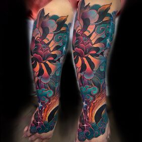 Tattoo Cosmic colors on the forearm motif: floral style: japanese / irezumi