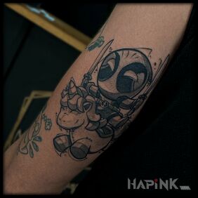Tattoo Deadpool on a unicorn On the arm motif: funny style: graphic / illustrative