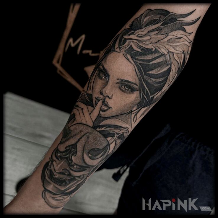 Tattoo Cichutko in demons motif and realistic style on the forearm