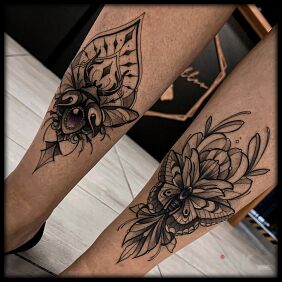 Tattoo Beetle and butterfly on the calf motif: black and gray style: graphic / illustrative