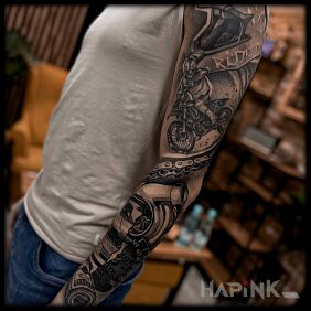 Tattoo Love for motorcycle riding on the forearm motif: black and gray style: realistic