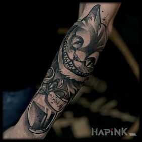 Tattoo Alice in Wonderland Cat On the arm motif: animals style: dotwork