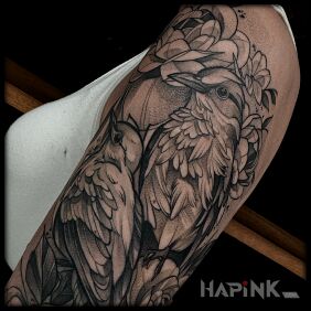 Tattoo Two little birds on the shoulder motif: animals style: graphic / illustrative