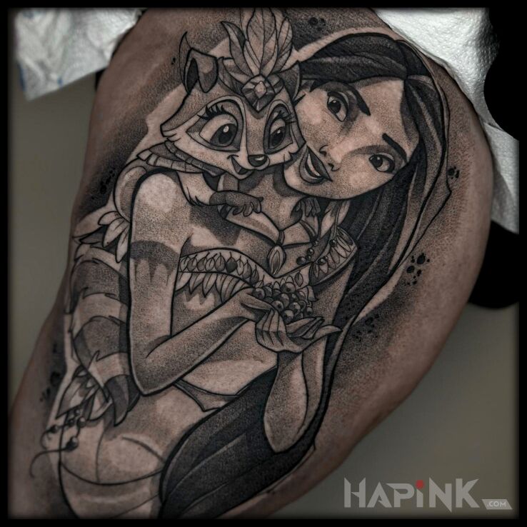 Tattoo Pocahontas in faces motif and cartoon / comic book style on the buttocks