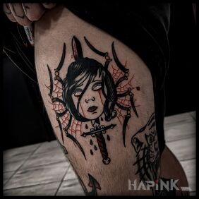 Tattoo Arachne on the thigh motif: black and gray style: oldschool