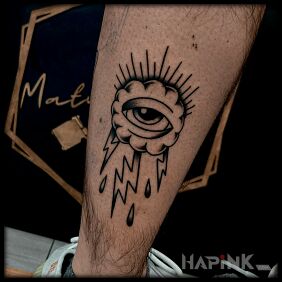 Tattoo Cloudy eye on the leg motif: religious style: contour / linework